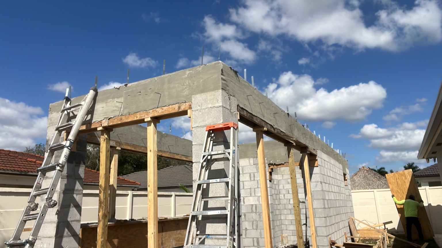 Completed concrete tie beam and block wall shell