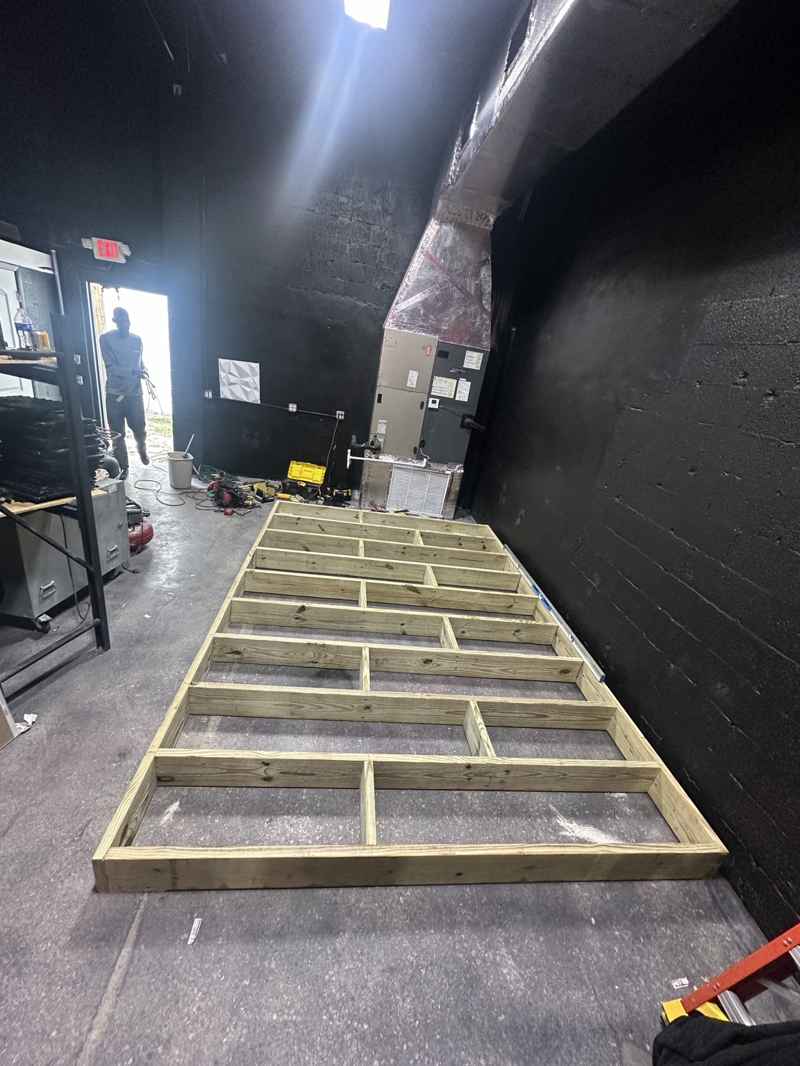 Wood platform framing under construction